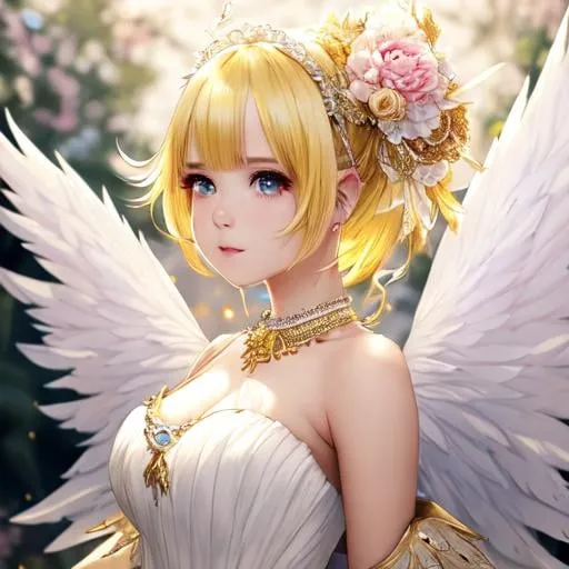 Prompt: digital art, best quality, masterpiece, 1girl, ahoge, amco, blush, bridal gauntlets, capelet, closed mouth, white long dress, final fantasy, winged capelet, yellow hair, hair band, hair between eyes, hair ornament, jewelry, looking at viewer, extra short hair, beautiful detailed background, upper body, shoulder wing, white gold theme, ((gold trim)), gold furniture, indoor, royal palace, (((wind blowing))), glowing light, (((yellow petals))), (((light particles)))