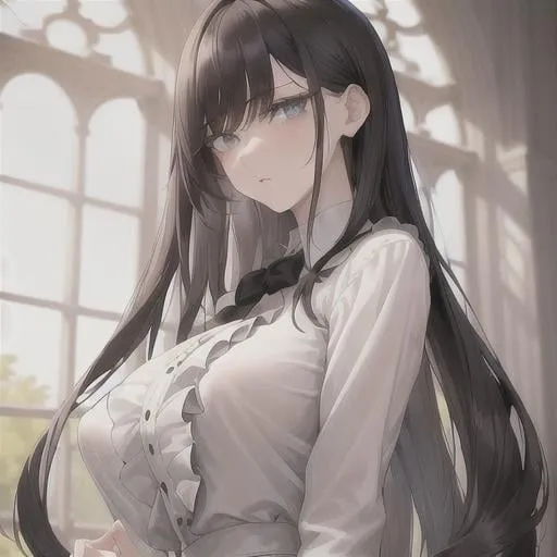 Prompt: (masterpiece, illustration, best quality:1.2), 1girl, solo, pale skin, (toned body, white blouse, black dress pants:1.3), long parted cascading hair, stray hairs, no bangs, reticent demeanor, pants, ruffles, foggy grey eyes, black hair, finely detailed, detailed face, toned face, beautiful detailed eyes, beautiful detailed shading, beautifully detailed background, throne room 