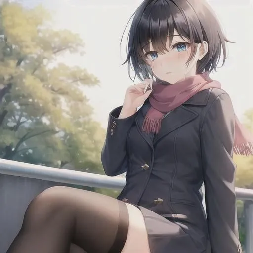 Prompt: 1manly girl, black short hair, blue eyes, dress with scarf and stockings, park, happy face, sitting, crying