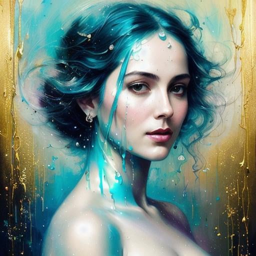 Prompt: Metallic paint splash, drips in shimmer metallic cyan, violet and silver, fast strokes, super clear resolution of a portrait of beautiful mother nature by Tom Bagshaw, Yossi kotler, Karol back, ruan jia, Catrin Welz-Stein , Endre Penovac . Highly detailed, Cinematic smooth, Figurative Art, intricate details, beautiful, cinematic quality, photofinish oil painting, iridescent colors, 4k. 