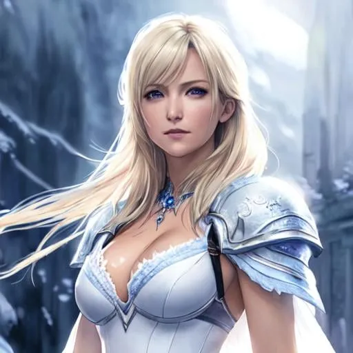Prompt: a final fantasy watercolor concept art with Kate Hudson, blonde hair, , casting white light in white battlemage outfit, university setting, parted bangs, cleavage, ethereal, fancy jewelry, royal vibe, highly detailed, digital painting, , Trending on artstation , HD quality, tan skin, Big Eyes,artgerm,by yoshitaka amano