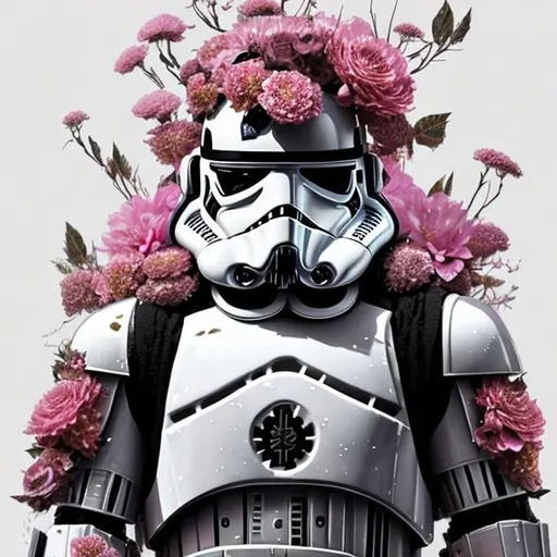 Prompt: Storm trooper with black chrome armor as a vintagepunk samurai, fantasy floral background, pink and black floral details, storm trooper covered with a lei and crown of flowers, artstation, hyperdetailed, 8k, beautiful lighting, artstation by James Jean, Moebius, cory loftis, craig mullins, rutkowski, Mucha


hyperdetailed, over the shoulder, close up, james jean, mucha, fractal, vibrant colors, rococo art, 8k resolution, clear shape, defined shape, full body