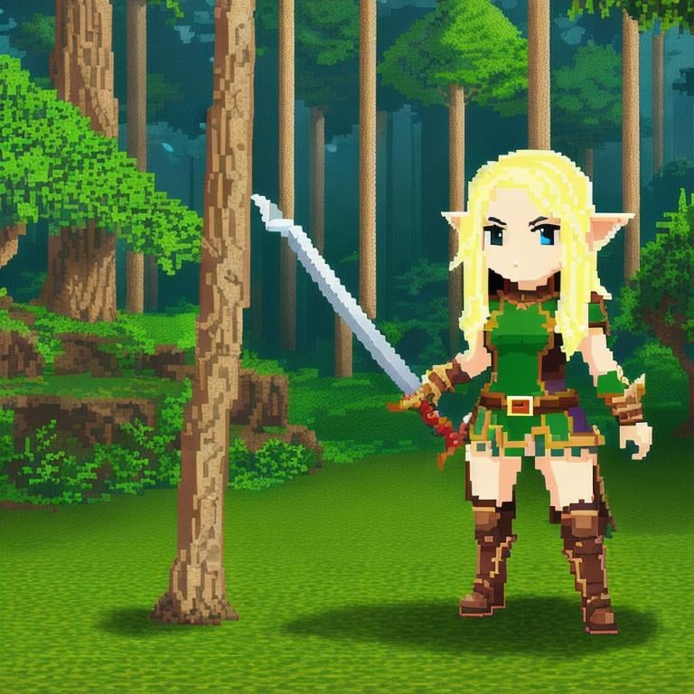 Prompt: low resolution pixel art 1 chibi female elf warrior, dual curve sword, blonde hair, green leather and cotton clothes, standing in low resolution pixel fantasy forest background,

pixel art, fantasy art,

inspired by final fantasy, RPG Maker style,