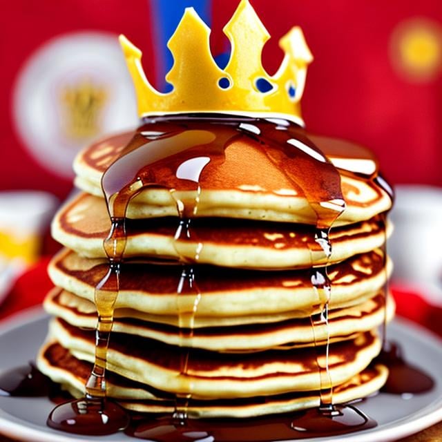 Prompt: a stack of pancakes with a crown and peruvian flag. he's the prince of perú, but made of pancakes