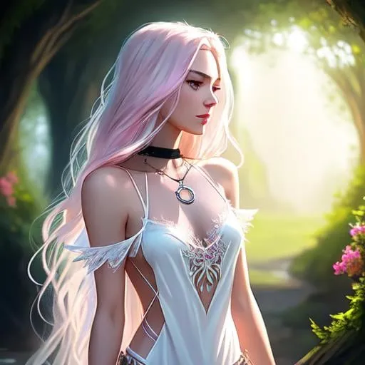 Prompt: Beautiful girl, full-body digital art, gwen stacy (ghost spider), bodysuit, one shoulder top, bralette top, backless top, keyhole top, split front chain detail top, shorts, druid priestess, long white hair, pink clothes, artstation, illustration, dynamic soft lighting, fantasy framing, high resolution 4k, hdr, stylistic, thigh gap, full body, Sharp features, cute face, symmetrical, double eyelid blue eyes