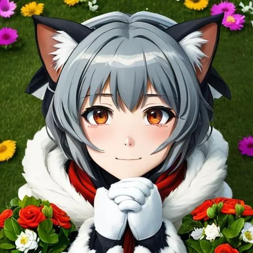 Prompt: CG, symphogear_xv, from above, close up, chromatic aberrations, masterpiece, shadows, outdoors, garden, cute, cat nose, furry, fursona, kemono, 1girls, whiskers, crying tears, fangs, halo, red eyes, scarf, hearts, wedding dress, veil, holding, flower bouquet, mittens paws, long orange hair, bandages, tattoos, thigh gap, streaked hair, ahoge, tiger_stripes, spiky tail, hair_clip, sparkly 