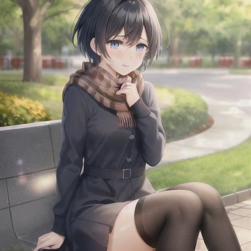 Prompt: 1manly girl, black short hair, blue eyes, dress with scarf and stockings, park, happy face, sitting, crying