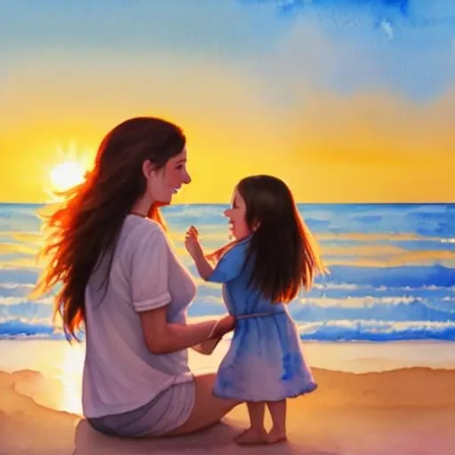 Prompt: A watercolor painting depicting a lovely 8-month-old Spanish baby girl and a Spanish mother with long hair, they are smiling on the sunset beach. 4K, --ar 3:2