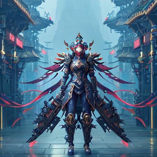 Prompt: an intricate kunoichi exoskeleton, 3d, Splash art, front, epic Instagram, artstation, hyperdetailed intricately detailed, intricately detailed full helmet, unreal engine, technological, intricate detail, splash screen, complementary colors, Sci-fi concept art, 8k, heavy strokes, splash arts, full height, full body,