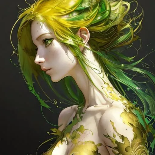 Prompt: green and gold hair, art line watercolor wash, ethereal background, abstract beauty,stand, approaching perfection, pure form, golden ratio, minimalistic, unfinished, concept art, by Brian Froud and Carne Griffiths and Wadim Kashin and John William Waterhouse, intricate details, 8k post production, high resolution, hyperdetailed, trending on artstation, sharp focus, studio photo, intricate details, highly detailed, by greg rutkowski