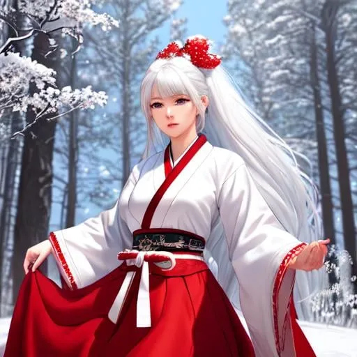 Prompt: UHD, hd , 8k ,  hyper realism, digital art  Very detailed,  anime character, zoomed out view,  full body of character in view, standing,   female with long snow white hair, she is wearing a hanbok  with white top & red  Japanese style skirt, she is summoning lighting