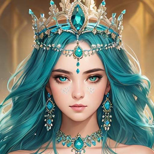 Prompt: Portrait of a beautiful and elegant jeweled face and crown Water Goddess with teal hair and with cute face,  transparent background, perfect composition, hyperrealistic, super detailed, 8k, high quality, trending art, trending on artstation, sharp focus, studio photo, intricate details, highly detailed, by greg rutkowski and BD Zhandt