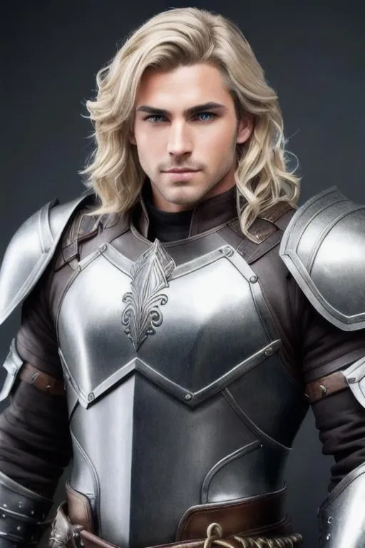Prompt: male fantasy warrior, very handsome, gray eyes, medium musculature, dirty blonde, short wavy hair, full leather armor, very detailed eyes, UHD, 64K, sharp focus, studio photo, intricate details, highly detailed