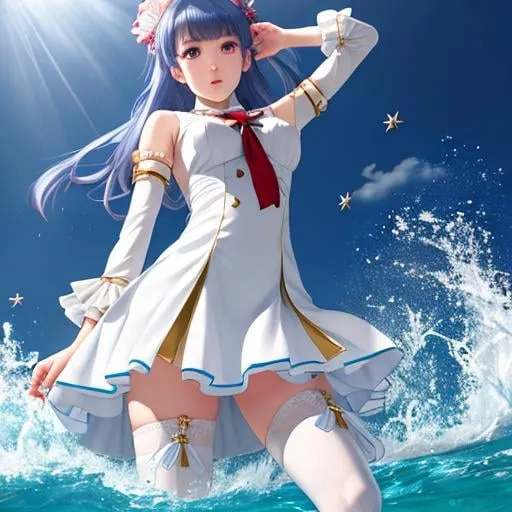 Prompt: (masterpiece), (best quality), (official art, extremely detailed CG unity 8k wallpaper), (highly detailed), ((absurdres)), 1girl, mid shot, (exquisite facial features),(serafuku:1.3) ((sfw)),((clear hands)), ((white thighhighs without shoes)),aqua eyes, color contact lenses, stars in the eyes, (((colorful bubble))), colourful glass, (album cover)
