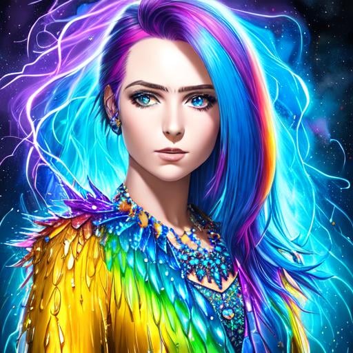 Prompt: 1girl, detailed background, multicolored hair, colorfull, (masterpiece:1.4), blue crystal, crystal:1.4, blue lightning:1.4,