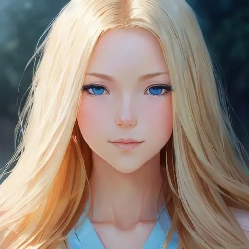 Prompt: full body of a 1 woman, blond hair, long hair, blue eyes, smooth soft skin, beautiful intricate hair, symmetrical, anime narrow eyes, soft lighting, detailed face, by makoto shinkai, stanley artgerm lau, wlop, rossdraws, myoga, concept art, digital painting, looking into camera, happy face, small iris.