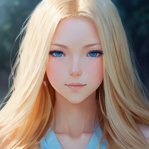 Prompt: full body of a 1 woman, blond hair, long hair, blue eyes, smooth soft skin, beautiful intricate hair, symmetrical, anime narrow eyes, soft lighting, detailed face, by makoto shinkai, stanley artgerm lau, wlop, rossdraws, myoga, concept art, digital painting, looking into camera, happy face, small iris.