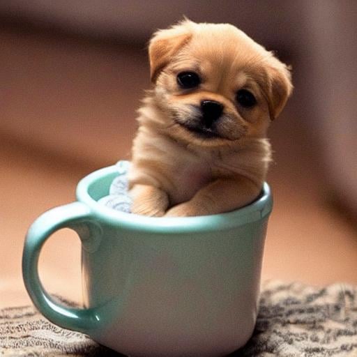 Prompt: extremely tiny puppy in a mug