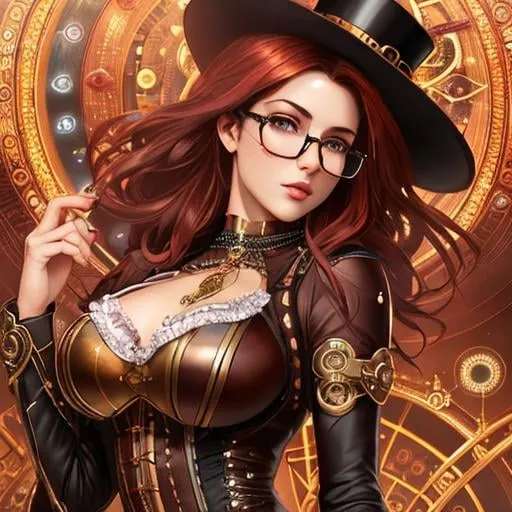 Prompt: feminine great beauty girl full body and very beautiful physical features, sharp and beautiful features, steampunk clothes, reddish hair, top hat with round black steampunk glasses, brown steampunk pants, round toe boots, volumetric soft lighting warm colors 8k resolution by Greg Rutkowski, Artgerm, Alphonse Mucha dynamic lighting hyperdetailed intricately detailed Splash art trending on Artstation Unreal Engine 5 volumetric lighting