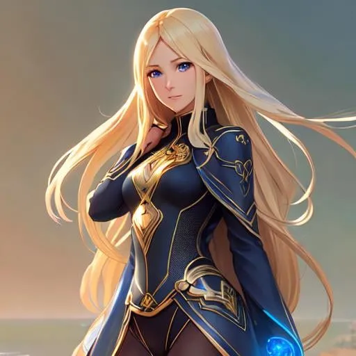 Prompt: full body of a 1 woman, blond hair, long hair, blue eyes, smooth soft skin, beautiful intricate hair, symmetrical, anime narrow eyes, soft lighting, detailed face, by makoto shinkai, stanley artgerm lau, wlop, rossdraws, myoga, concept art, digital painting, looking into camera, happy face, small iris.