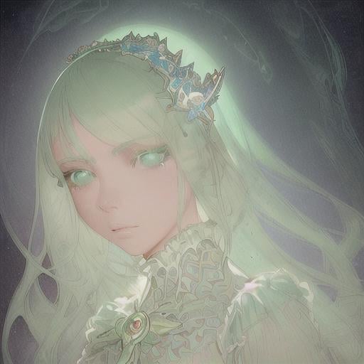 Prompt: portrait of magical young girl, dreamy and ethereal, mint green accents, peaceful expression, ornate frilly dress, fantasy, intricate, elegant, rainbow bubbles, highly detailed, digital painting, artstation, concept art, smooth, sharp focus, illustration, art by artgerm and greg rutkowski and alphonse mucha,  masterpiece