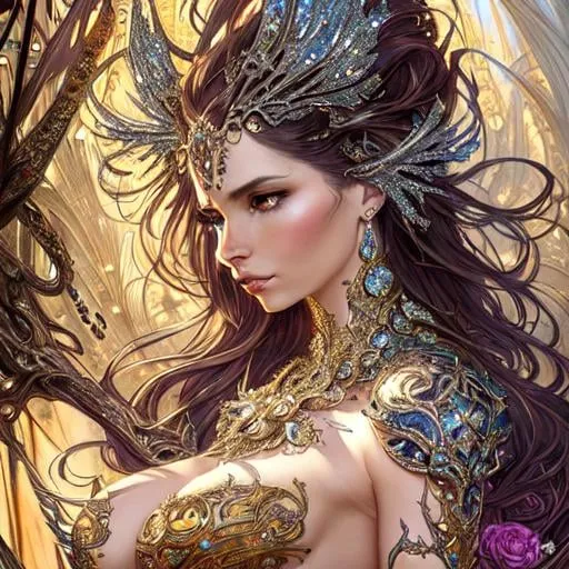 Prompt: Gorgeous woman covered in sparkly jewels, Intricate, Scenic, Hyperdetailed, Delicate; Complex; Royo; Deep Colors; Regal; Bagshaw, Chevrier, Ferri, Kaluta, Minguez, Mucha. Cinematic, WLOP, 8K, concept, sharp focus, illustration, rutkowski, Artgerm, Giger, piles of silver and gold coins