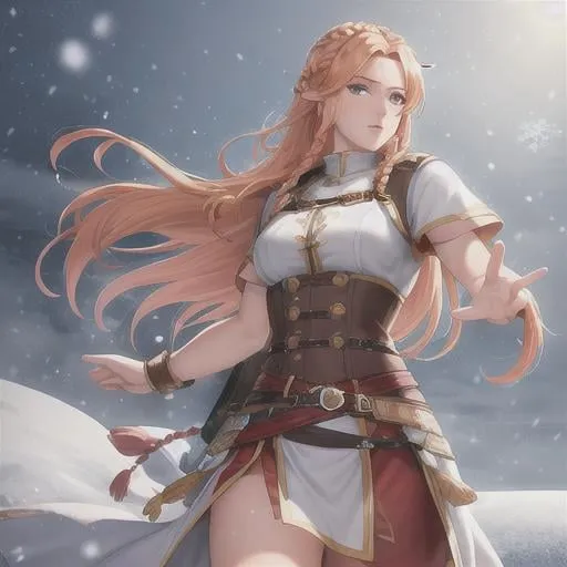 Prompt: braided ginger hair viking king, freckles, full energy, hair flowing in the wind, snow on body, snow on hair, snow on clothing, in a blizzard, fantasy world, highly detailed, half body, soft lighting, ultra realistic, 8K, digital art, unreal engine 5