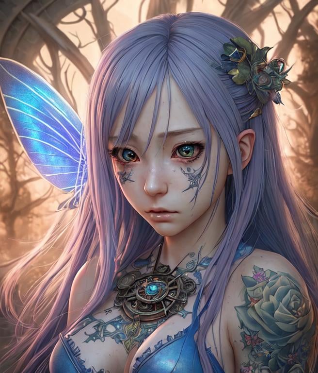 Prompt: hyper realistic anime girl fairy, hyper attention to detail, super intricate, final fantasy, shadows, high fantasy, post steampunk, cinamatic, western background, micro details, lifelike, photo realistic, dream, insanely detailed, fierce, candid scene. tattoos, nft design