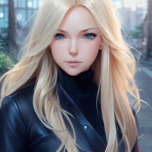 Prompt: a 1 woman, blond hair, long hair, blue eyes, smooth soft skin, beautiful intricate hair, symmetrical, anime narrow eyes, soft lighting, detailed face, by makoto shinkai, stanley artgerm lau, wlop, rossdraws, myoga, concept art, digital painting, looking into camera, happy face, small iris.