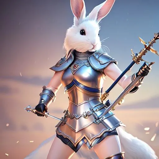 Prompt: adventurous rabbit in leather armor wielding a rapier and shield highly detailed, fine complex micro-details, 8k, volumetric lightning, ethereal light, extremely detailed, octane rendering, hyperrealistic, unreal engine