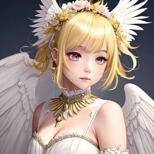 Prompt: digital art, best quality, masterpiece, 1girl, ahoge, amco, blush, bridal gauntlets, capelet, closed mouth, white long dress, final fantasy, winged capelet, yellow hair, hair band, hair between eyes, hair ornament, jewelry, looking at viewer, extra short hair, beautiful detailed background, upper body, shoulder wing, white gold theme, ((gold trim)), gold furniture, indoor, royal palace, (((wind blowing))), glowing light, (((yellow petals))), (((light particles)))