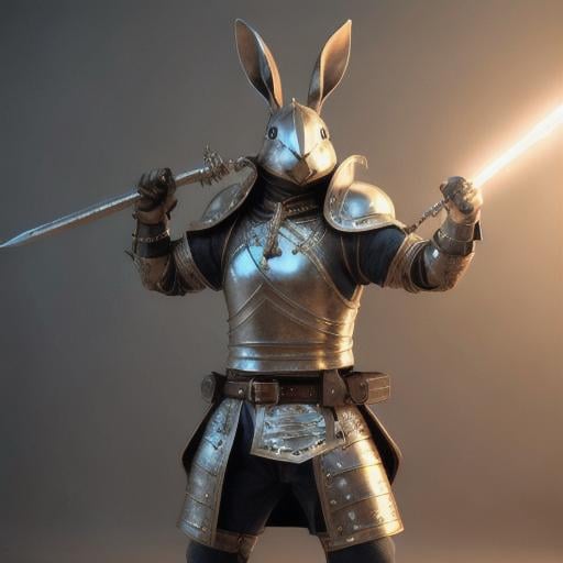 Prompt: adventurous rabbit in leather armor wielding a rapier and shield highly detailed, fine complex micro-details, 8k, volumetric lightning, ethereal light, extremely detailed, octane rendering, hyperrealistic, unreal engine