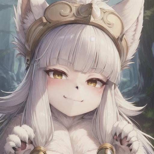 Prompt: beautiful, masterpiece, best quality, extremely detailed face, perfect lighting, smirk, smug expression, white hair, paws, fur, furry, fluffy, nanachi \(made in abyss\)
