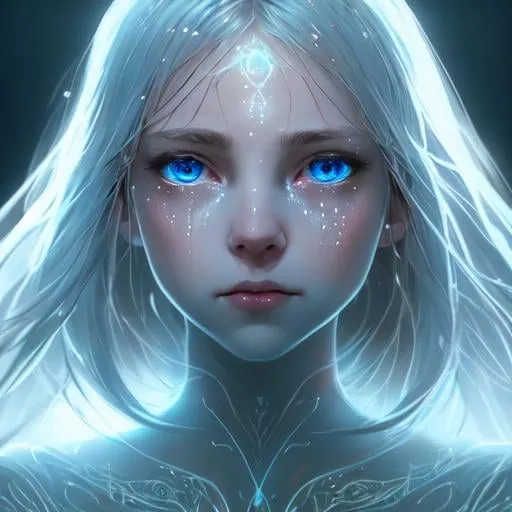 Prompt: full body girl of a light being, radiant, glowing light, filaments of light everywhere, intricate, cinematic lighting, highly detailed, digital painting, artstation, concept art, smooth, sharp focus, illustration, perfect face , sad expression, blue eyes, Tears are dropping from the eyes, the forehead is covered with a bit blood, 8k, UHD, HDR, (Masterpiece:1. 5), (best quality:1. 5)