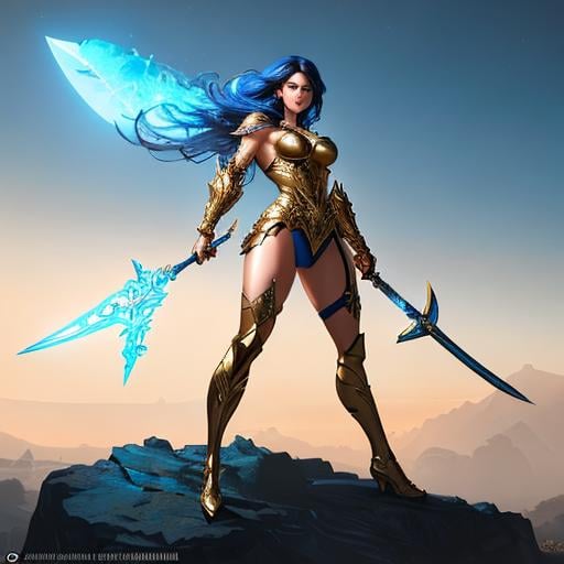 Prompt: Dynamic, highly detailed, character sheets, artstation, concept art, smooth, sharp focus, illustrations, artwork by Frank Frazetta, Artgerm, Carne Griffiths and Wadim Kashin, beautiful and stunning full body Frozen and Vulcan fantastic Super detailed full body, figure golden glow, fantasy armor, holding a sword, perfectly detailed oval human face, long blue hair, intricate blue glowing eyes, white dress, white gloves, holding a wand, white high socks, 32k resolution Greg Rutkowski Rate concept art, Artgerm , WLOP, Alphonse Mucha Dynamic Lighting Ultra Detailed Complex Splatter Art Trends Artstation Ternary Unreal Engine 5 Volumetric Lighting VHS