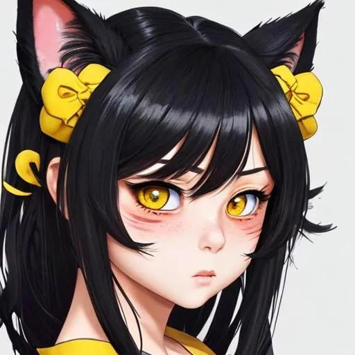 Prompt: ((best quality)), ((illustration)), masterpiece, (extremely detailed face and eyes), ((upper body)), (focus on face), ((from the side)), ((ukiyo)), flat shading, solo, (((1girl))), (cute anime face), (((embarrassed))), ((cat ears)), black hair, spiralcurl, ((yellow pupils)), ((cleavage)), (choker), simple background
