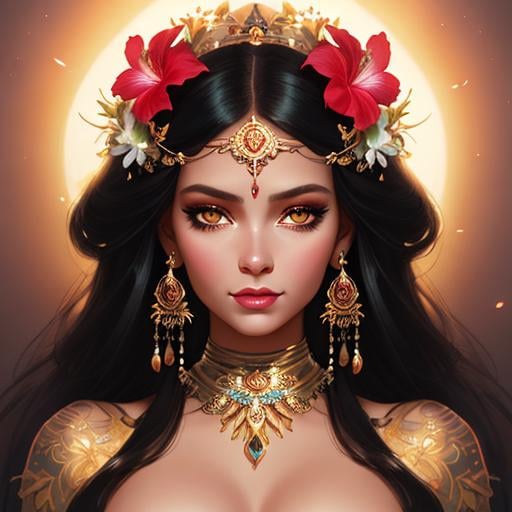 Prompt: A tanned summer tropical goddess with confident expression gorgeous, head and shoulders portrait, concept art portrait by Tom bagshaw, Peter Mohrbacher, WLOP, Anna Dittmann. dynamic lighting, hyperdetailed, intricately detailed art, Artstation, Unreal Engine 5, volumetric lighting, shining big flawless almond eyes, eyes reflecting eyes, hibiscus flowers

Artgerm, WLOP, Eve Ventrue; Beautifully, Intricately Designed fresh face, Intricately Designed crimson and metallic white caftan, Photograph Taken on Nikon D750, Intricate, sinister, Elegant, Digital Illustration, Scenic, Hyper-Realistic, Hyper-Detailed, 8k, light ambient, floral ambient