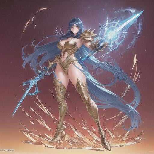 Prompt: Dynamic, highly detailed, character sheets, artstation, concept art, smooth, sharp focus, illustrations, artwork by Frank Frazetta, Artgerm, Carne Griffiths and Wadim Kashin, beautiful and stunning full body Frozen and Vulcan fantastic Super detailed full body, figure golden glow, fantasy armor, holding a sword, perfectly detailed oval human face, long blue hair, intricate blue glowing eyes, white dress, white gloves, holding a wand, white high socks, 32k resolution Greg Rutkowski Rate concept art, Artgerm , WLOP, Alphonse Mucha Dynamic Lighting Ultra Detailed Complex Splatter Art Trends Artstation Ternary Unreal Engine 5 Volumetric Lighting VHS