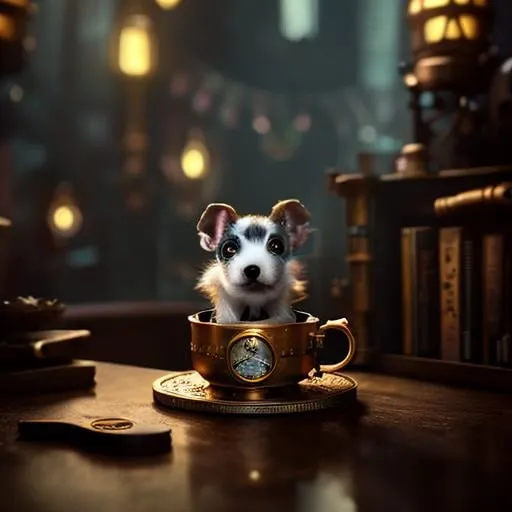 Prompt: steampunk puppy with short ears and long tail in a teacup, moody cinematic lighting, movie