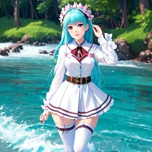 Prompt: (masterpiece), (best quality), (official art, extremely detailed CG unity 8k wallpaper), (highly detailed), ((absurdres)), 1girl, mid shot, (exquisite facial features),(serafuku:1.3) ((sfw)),((clear hands)), ((white thighhighs without shoes)),aqua eyes, color contact lenses, stars in the eyes, (((colorful bubble))), colourful glass, (album cover)