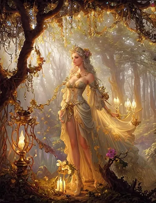 Prompt: Chiaroscuro, full-body painting of a beautiful pale-skinned night elf girl (((barely clothed))), style of Fragonard and Yoshitaka Amano (light hair with flowers, messy), ropes, ((forest background)), bioluminescent, (wearing intricate clothes) silver gothic armor with golden filigree details, vines, delicate, soft, fireflies, spiders, spider webs, webs, silk, threads, ethereal, luminous, glowing, dark contrast, celestial, ribbons, trails of light, 3D lighting, soft light, vaporware, volumetric lighting, occlusion, Unreal Engine 5 128K UHD Octane, fractal, pi, fBm, mandelbrot