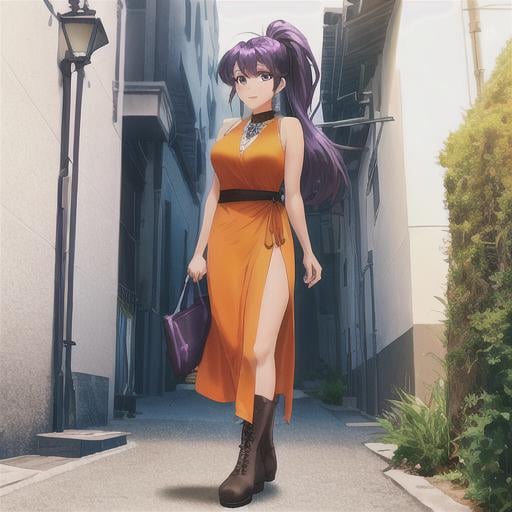 Prompt: full body view, standing, a brown female with purple eyes, has purple and red glowing symbols upon her arms , she is wearing a long orange sleeveless dress that hangs to her ankles and black boots, walking down a street 