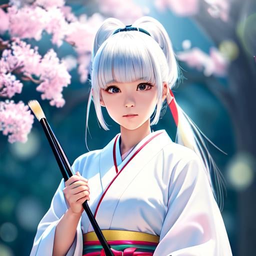 Prompt: Digital style painting, ayaka genshin impact bowl-cut white hair with hair bangs, side ribbons and a ponytail, holding hand fan, wearing hakama, style of Pixar, Fragonard, highly-detailed, cinematic, arms visible, washed out palette, soft pastel color palette, light trails, sunny day, translucent, iridescent, perfect composition, hyperrealistic, super detailed, 8k, high quality, sharp focus, intricate details, highly detailed, dynamic lighting, detailed and intricate environment, highest quality