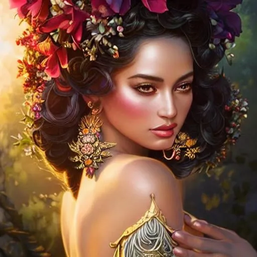 Prompt: A tanned summer tropical goddess with confident expression gorgeous, head and shoulders portrait, concept art portrait by Tom bagshaw, Peter Mohrbacher, WLOP, Anna Dittmann. dynamic lighting, hyperdetailed, intricately detailed art, Artstation, Unreal Engine 5, volumetric lighting, shining big flawless almond eyes, eyes reflecting eyes, hibiscus flowers

Artgerm, WLOP, Eve Ventrue; Beautifully, Intricately Designed fresh face, Intricately Designed crimson and metallic white caftan, Photograph Taken on Nikon D750, Intricate, sinister, Elegant, Digital Illustration, Scenic, Hyper-Realistic, Hyper-Detailed, 8k, light ambient, floral ambient