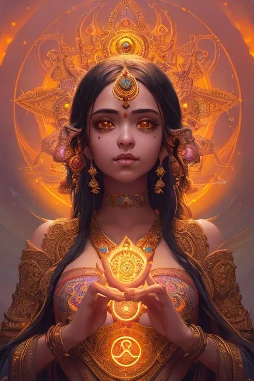 Prompt: hyperdetailed intricate enigmatic, a lot of glowing hindu symbols floating in the air,

masterpiece intricate hyperdetailed beautiful girl, detailed face, hopeful,

scenic view space with very wide angle,

colorful glamorous sunshine,

WLOP, Greg Rutkowski, 128K resolution,