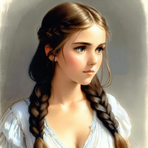 Prompt: Please paint a ((scantily clad)), full body of a beautiful girl looks like a young Isabel Lucas with her mouth slightly open and a surprised look on her face. hair in a single braid Hand touching her cheek Sketch, Drawing, Pencil Art, Adolph Friedrich Erdmann von Menzel 