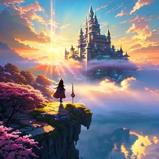 Prompt: fantastic ultra-detailed iron and leather warrior and floating castle heavenly sunshine beams divine bright soft focus holy in the clouds ethereal fantasy hyperdetailed mist Thomas Kinkade Studio Ghibli Anime Key Visual by Makoto Shinkai Deep Color Intricate Natural Lighting Beautiful Composition Epic brilliant stunning meticulously detailed dramatic atmospheric maximalist by artist Tamako Nakamura Anime Key Visual Japanese Manga Pixiv Zerochan Anime art Fantia