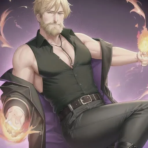 Prompt: UHD, hd , 8k,   ,  hyper realism, Very detailed, zoomed out view,  older male character with blonde hair that hangs to his shoulders and a thick blonde that has no lip hair style beard,  he  is wearing a dark green shirt, black belt, black pants and boots, he wears a purple trench coat and h eis summoning fire