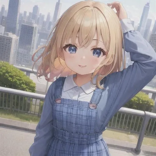 Prompt: a little girl with a shirt and plaid blue overall dress and white leggings and a radiant smile standing in front of a cityscape with skyscrapers in the background, by Akira Toriyama