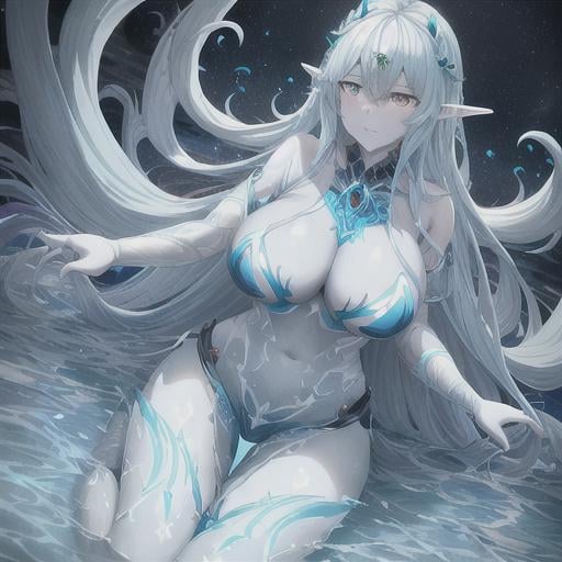 Prompt: Realistic full body of a sea elf that exudes power, and Power over water. She should be depicted as the Goddess of the Sea and the goddess of the Lost. Has skin made of Dark Water and has tattoos of Blue Runes on face and on skin. is a Beautiful Water Sorcerous. she has green hair.) Under water Background. perfect composition, Realistic, hyperrealistic, super detailed, 8k, high quality, sharp focus, studio photo, intricate details, highly detailed.